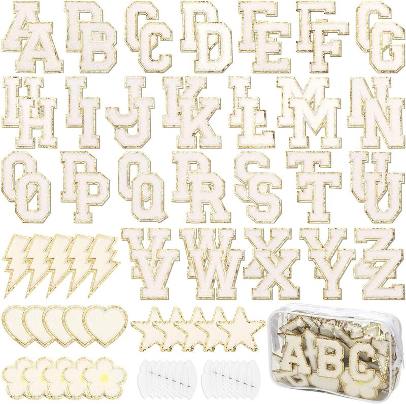 Thrilez White Chenille Letters Iron on Patches, 72 Pcs Self Adhesive Applique Alphabets 2.2 Inch Sew on Letters Patches Varsity Initial Fabric Stickers Fuzzy Towel Embroidered Patches for Clothing Caps - Image 1